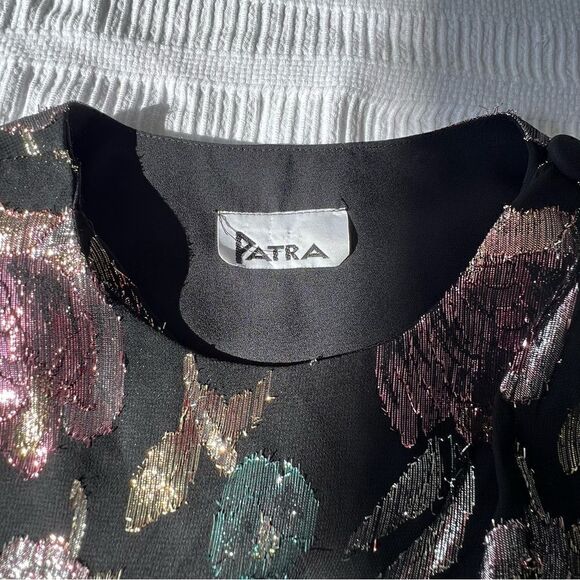PATRA 1980s Vintage Top Wrap Style Black Metallic Multi Color Floral Cocktail M. - Picture 6 of 11